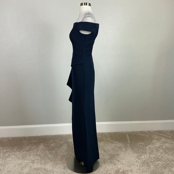 Vince Camuto Off the Shoulder Column Evening Gown Blue Size 6 Ruffled Side Slit - Picture 5 of 14